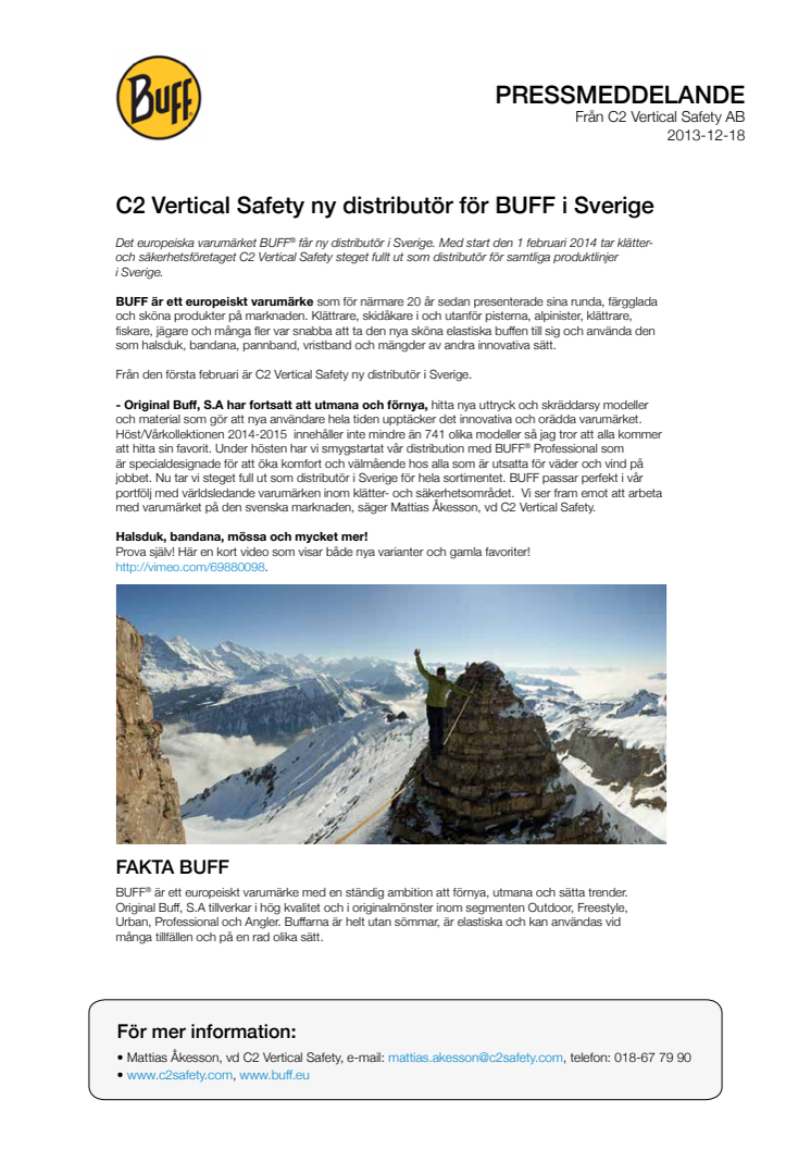 C2 Vertical Safety ny distributör för BUFF i Sverige