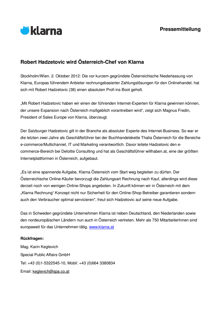 Robert Hadzetovic wird Österreich-Chef von Klarna