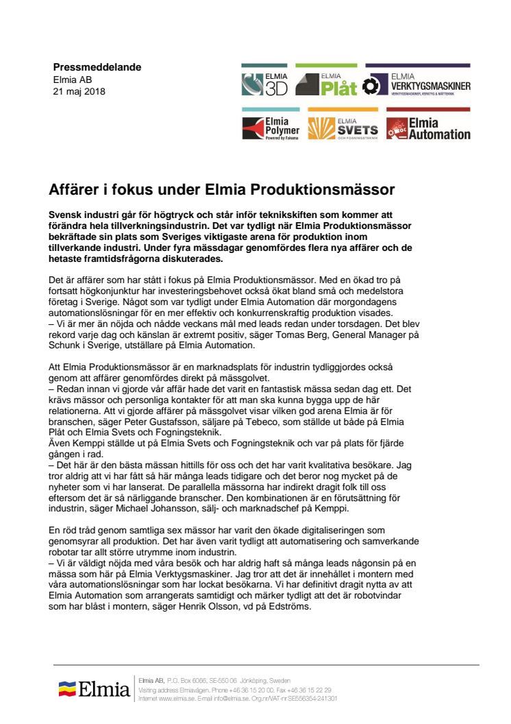 Affärer i fokus under Elmia Produktionsmässor