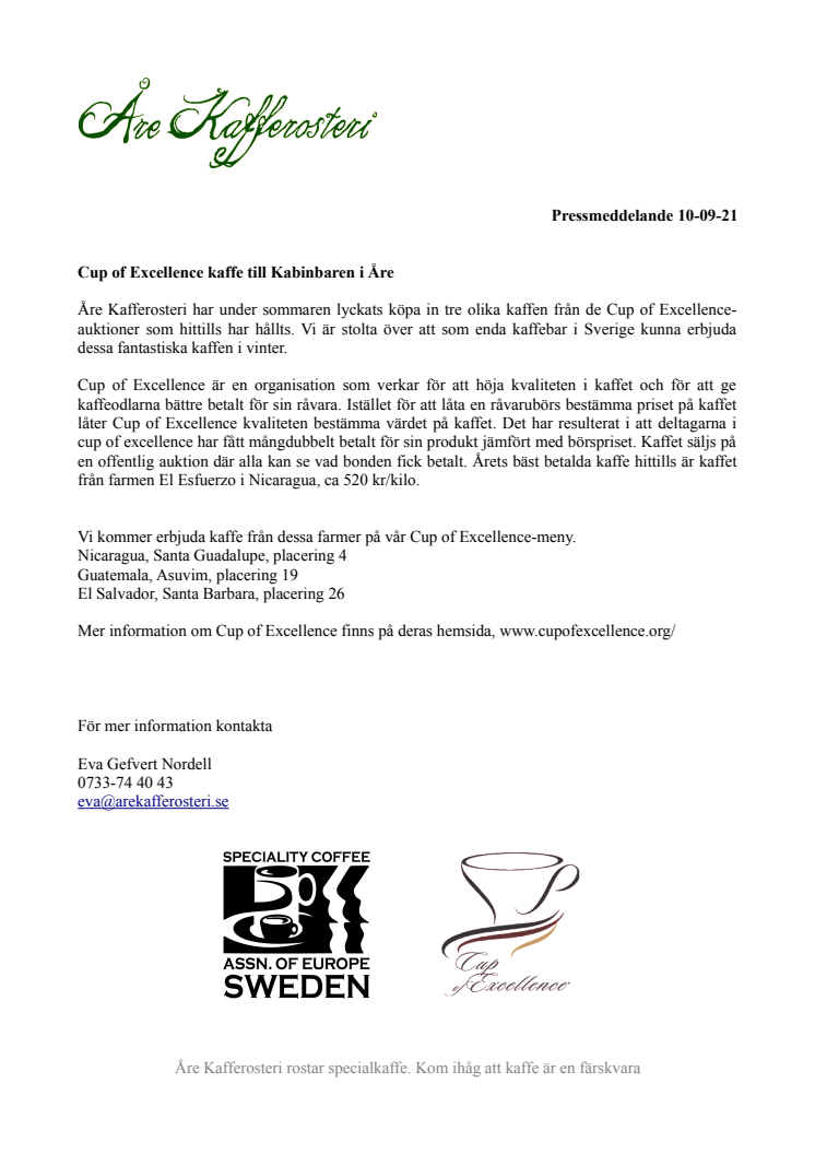 Cup of Excellencekaffe till Åre Kafferosteri
