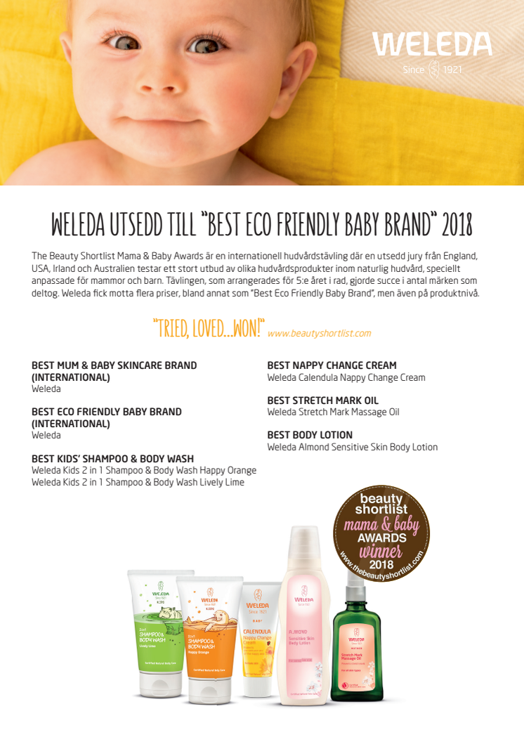 Weleda utsedd till "Best Eco Friendly Baby Brand" 2018