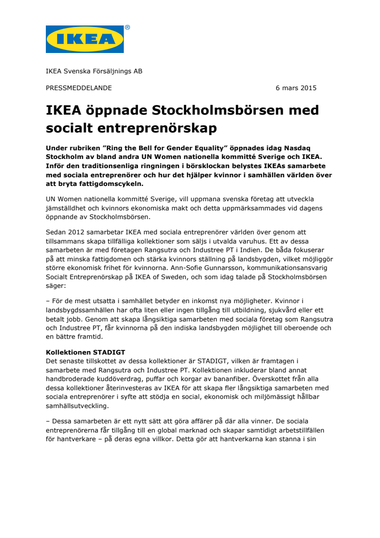 IKEA öppnade Stockholmsbörsen med socialt entreprenörskap