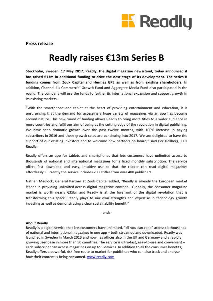 Readly raises €13m Series B