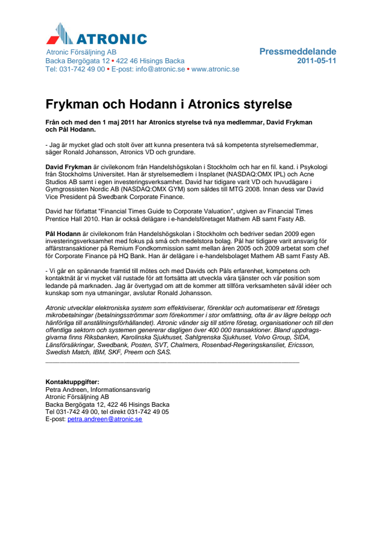 Frykman och Hodann i Atronics styrelse