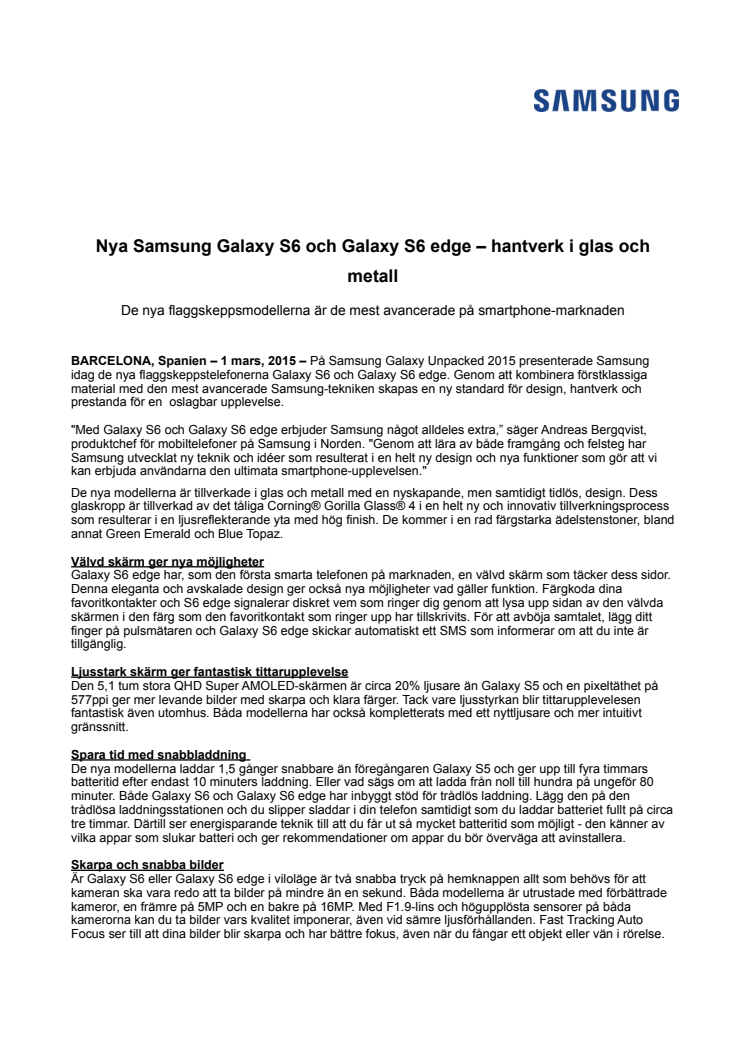 ​Nya Samsung Galaxy S6 och Galaxy S6 edge – hantverk i glas och metall