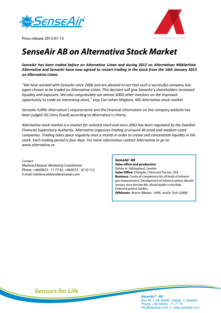 SenseAir AB on Alternativa Stock Market