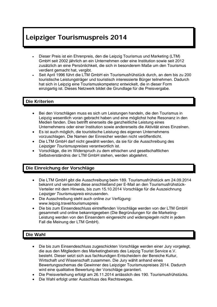 Leipziger Tourismuspreis 2014 Ausschreibung