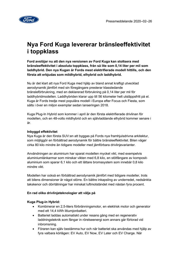 Nya Ford Kuga levererar bränsleeffektivitet i toppklass