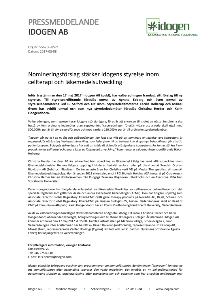Nomineringsförslag stärker Idogens styrelse inom cellterapi och läkemedelsutveckling