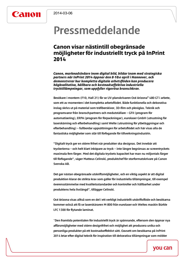 Canon visar nästintill obegränsade möjligheter för industriellt tryck på InPrint 2014