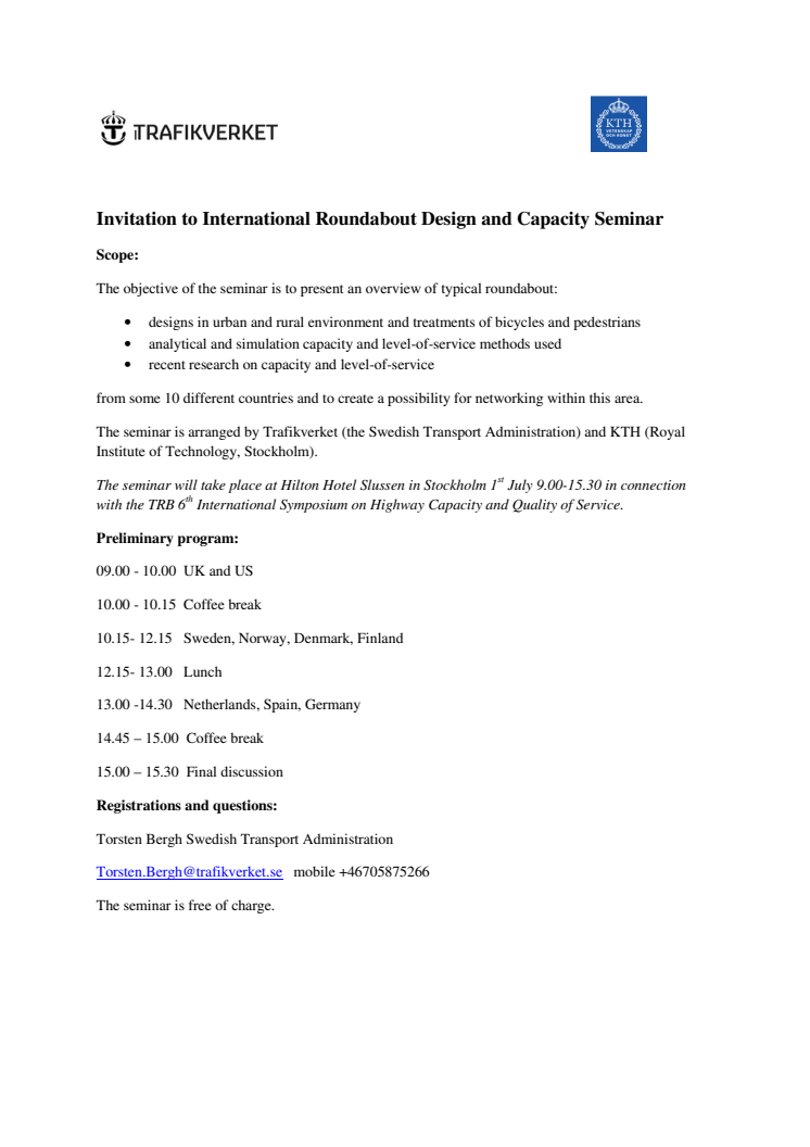 Inbjudan till International Roundabout Design and Capacity Seminar