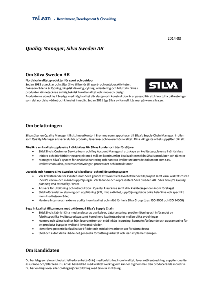 Silva söker Quality Manager