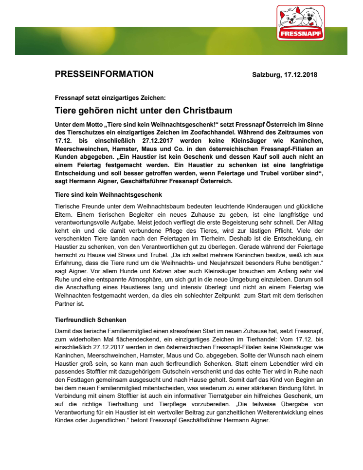 Fressnapf setzt einzigartiges Zeichen: Tiere gehören nicht unter den Christbaum