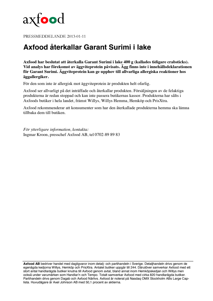 Axfood återkallar Garant Surimi i lake 