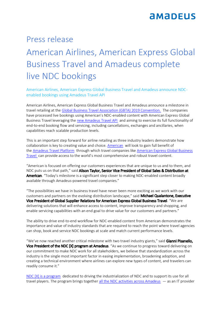 American Airlines, American Express Global Business Travel og Amadeus lanserer bestillinger via NDC
