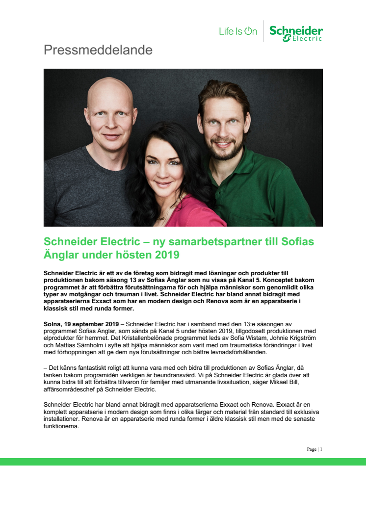Schneider Electric – ny samarbetspartner till Sofias Änglar under hösten 2019