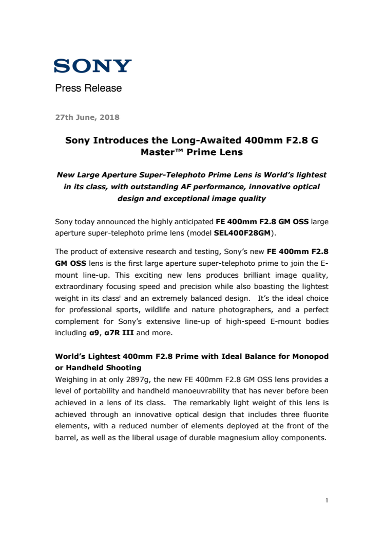 Sony tuo markkinoille odotetun 400mm F2.8 G Master™ Prime -objektiivin