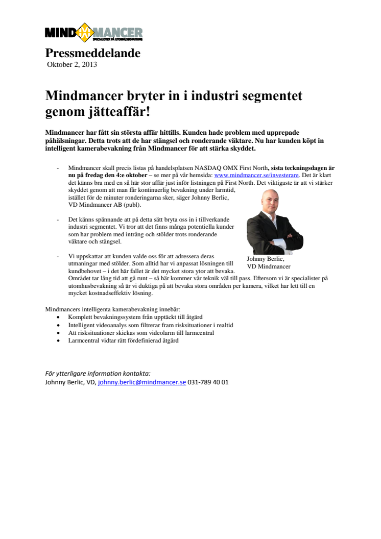 Mindmancer bryter in i industri segmentet genom jätteaffär! 