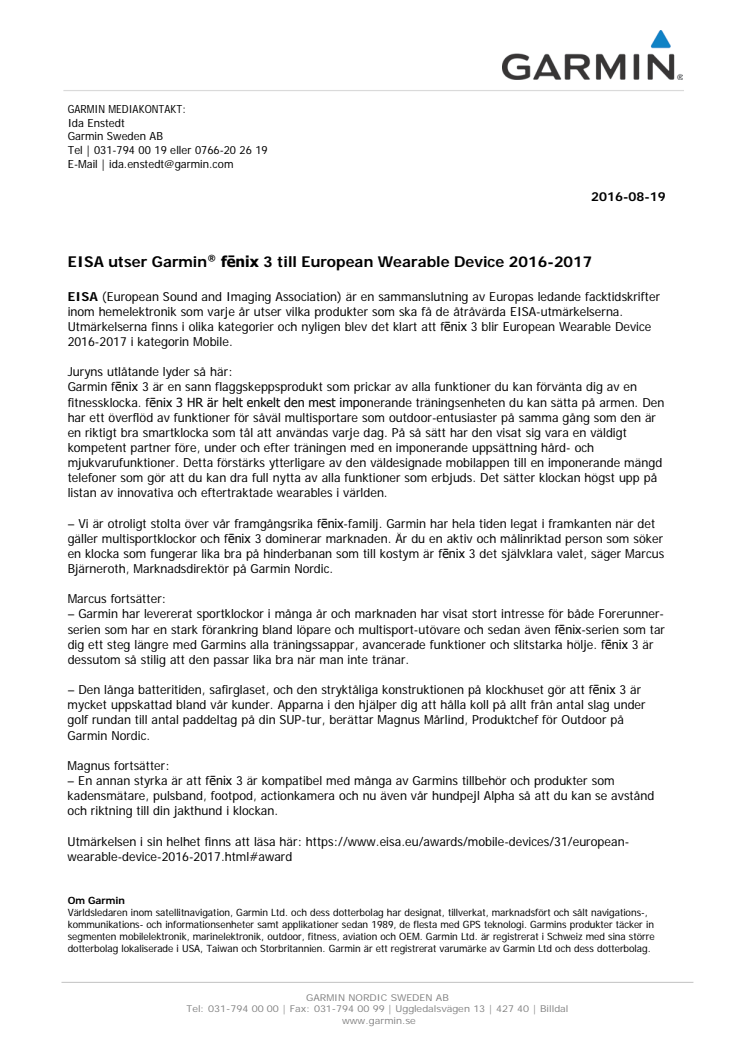 EISA utser Garmin® fēnix 3 till European Wearable Device 2016-2017