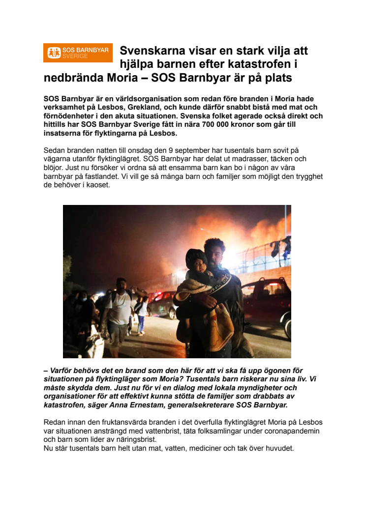 Svenskarna visar en stark vilja att hjälpa barnen efter katastrofen i nedbrända Moria – SOS Barnbyar är på plats 
