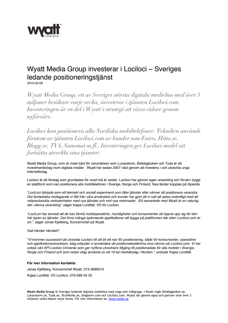 Wyatt Media Group investerar i Lociloci – Sveriges ledande positioneringstjänst