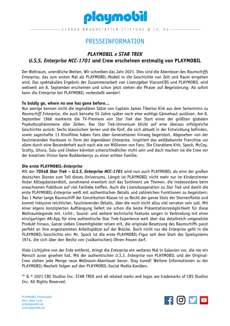 PLAYMOBIL x STAR TREK: U.S.S. Enterprise NCC-1701 und Crew erscheinen erstmalig von PLAYMOBIL