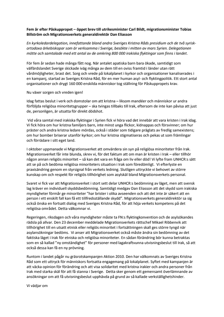 Öppet brev till Carl Bildt, Tobias Billström och Dan Eliasson