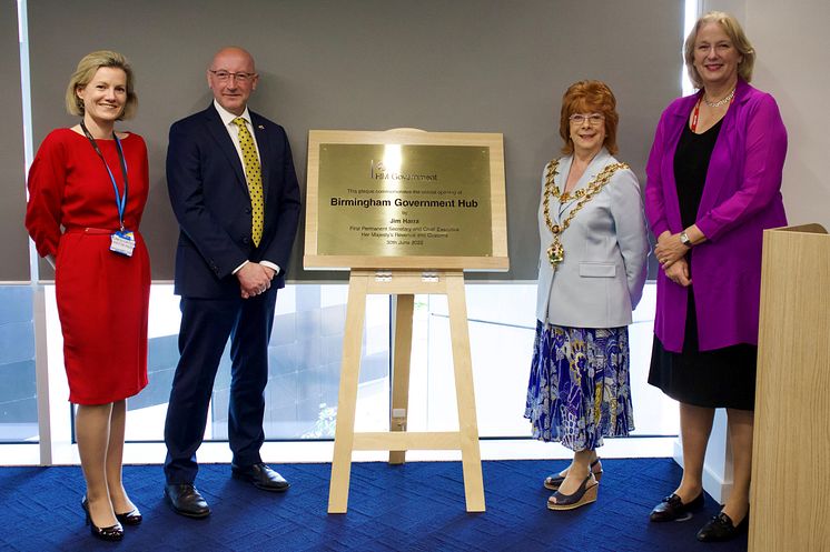 (L-R) Aneen Blackmore (VOA), Jim Harra (HMRC), Lord Mayor Cllr Maureen Cornish, Dame Jayne-Anne Gadhia (HMRC) formally open Birmingham Regional Centre