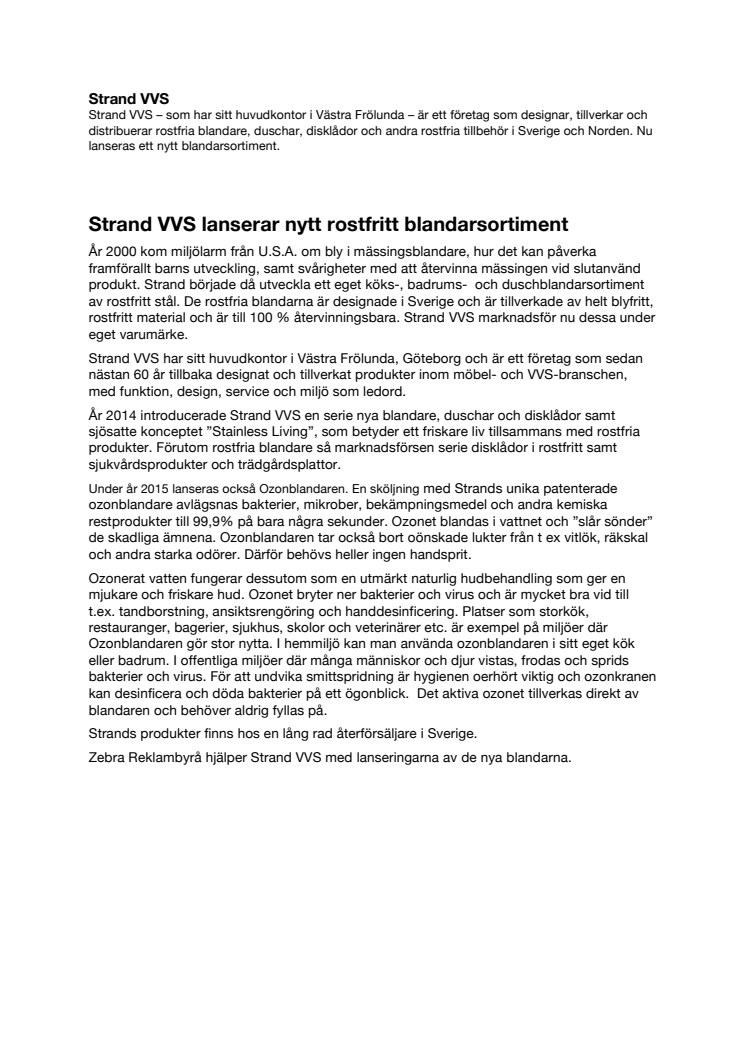 Strand VVS lanserar nytt rostfritt blandarsortiment