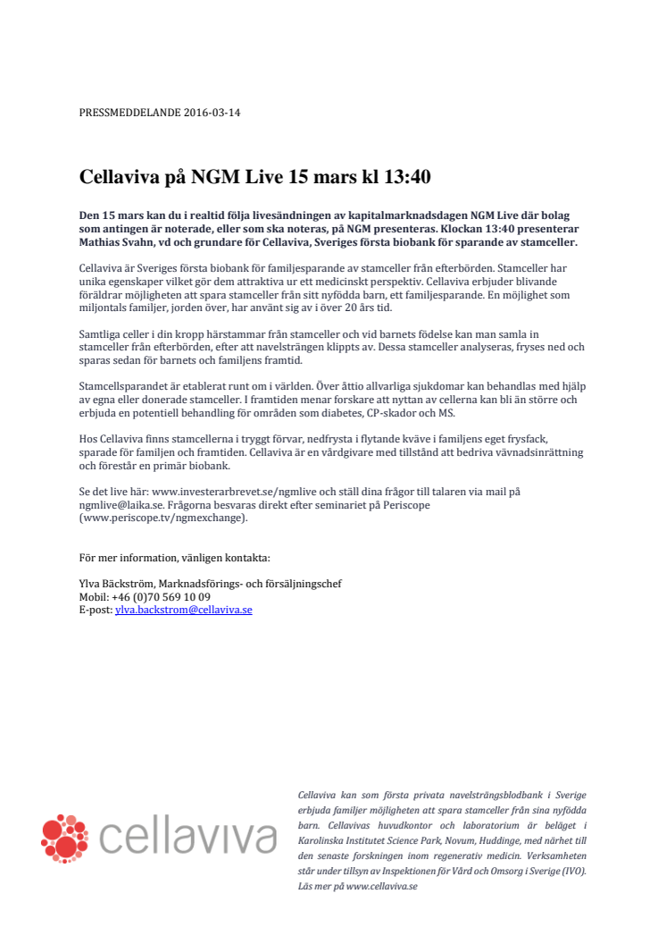 Cellaviva på NGM Live 15 mars kl 13:40