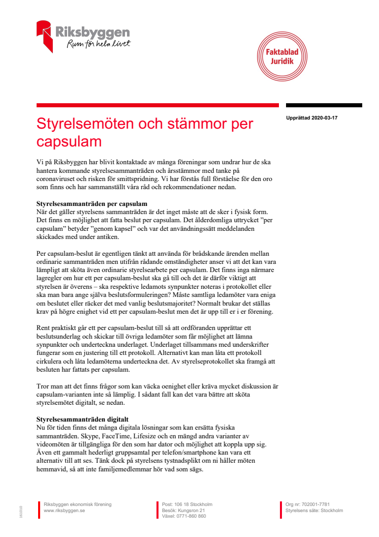 Styrelsemöten och stämmor per capsulam