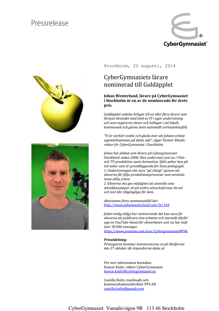 CyberGymnasiets lärare nominerad till Guldäpplet
