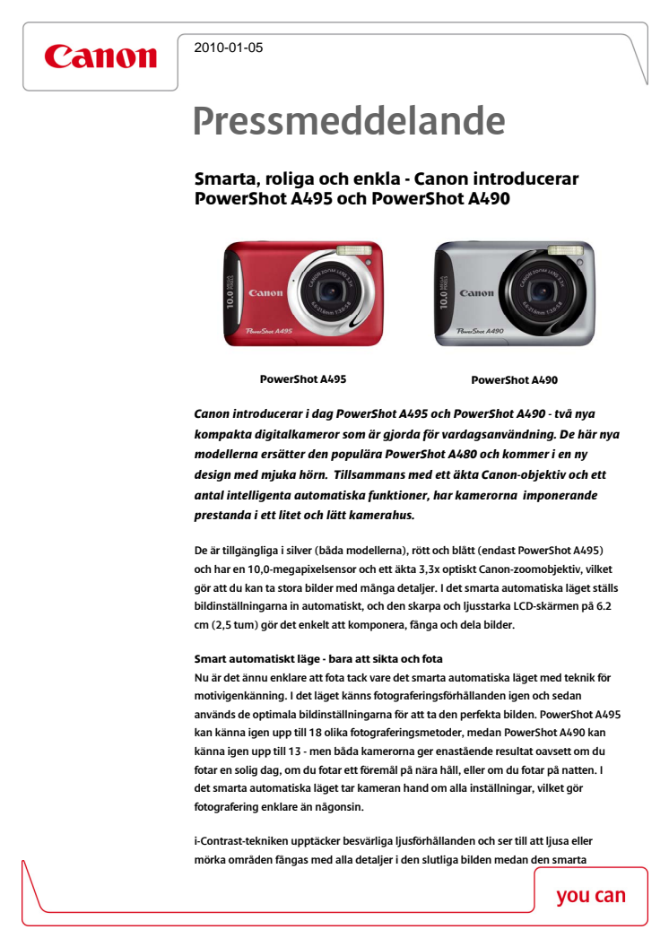 Smarta, roliga och enkla - Canon introducerar PowerShot A495 och PowerShot A490