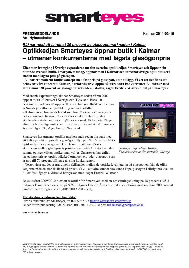 Optikkedjan Smarteyes öppnar butik i Kalmar  – utmanar konkurrenterna med lägsta glasögonpris