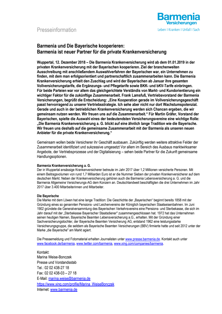 Barmenia und Die Bayerische kooperieren: Barmenia ist neuer Partner für die private Krankenversicherung