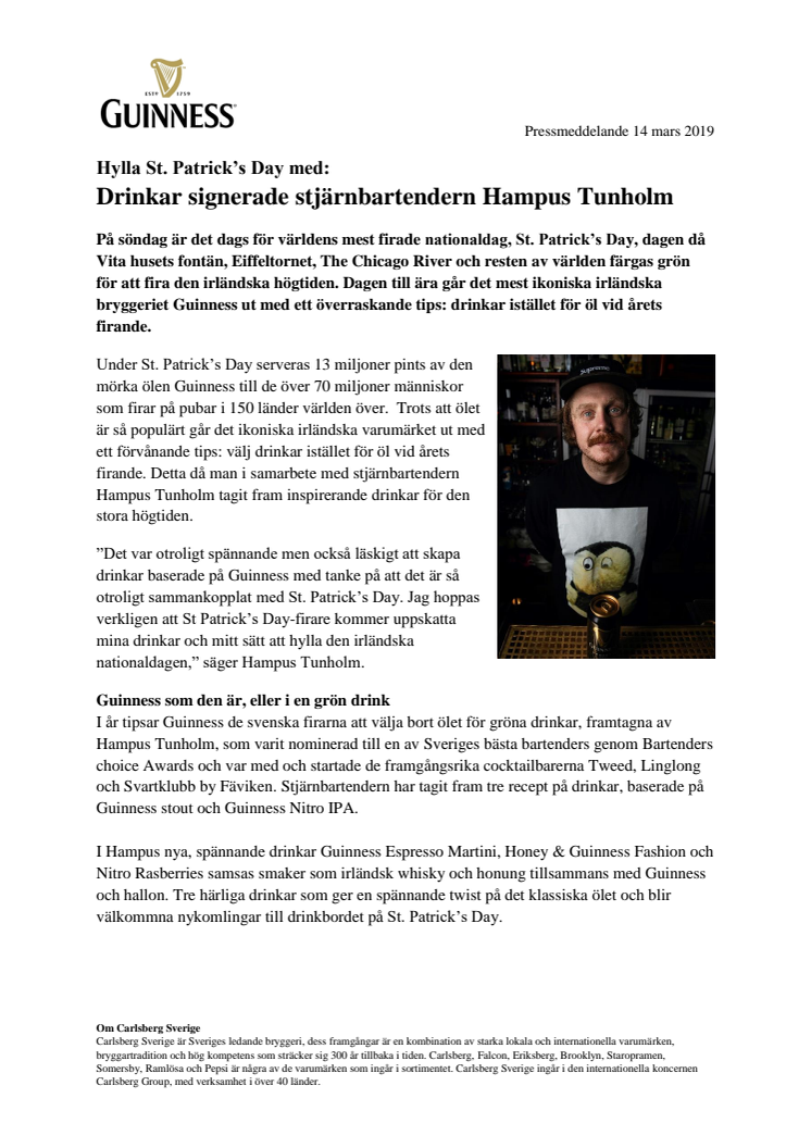 Hylla St. Patrick’s Day med: Drinkar signerade stjärnbartendern Hampus Tunholm