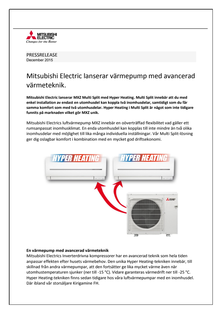 Mitsubishi Electric lanserar värmepump med avancerad värmeteknik.