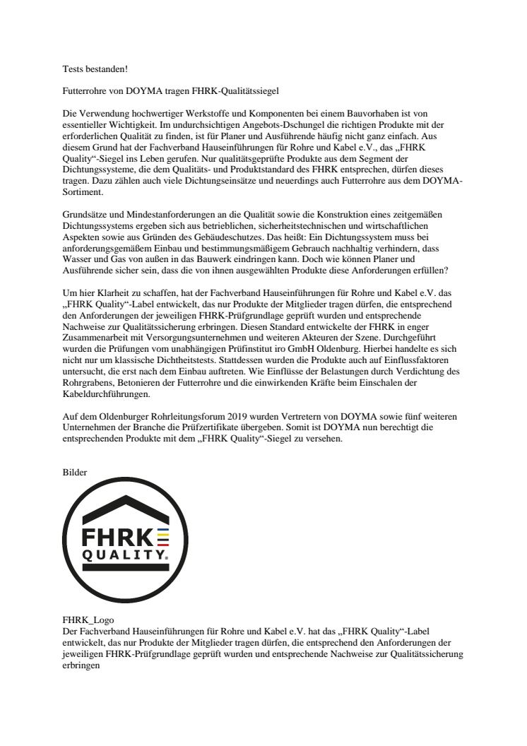 DOYMA-Pressemitteilung: Futterrohre tragen nun FHRK Quality-Label