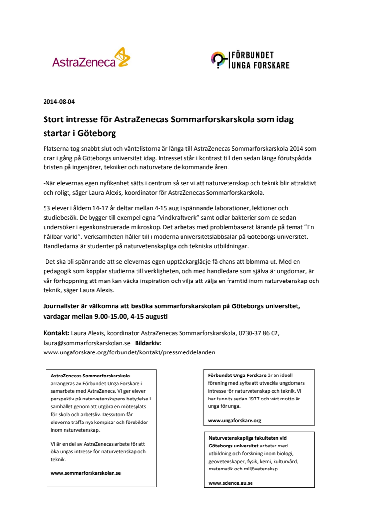 Stort intresse för AstraZenecas Sommarforskarskola som idag startar i Göteborg