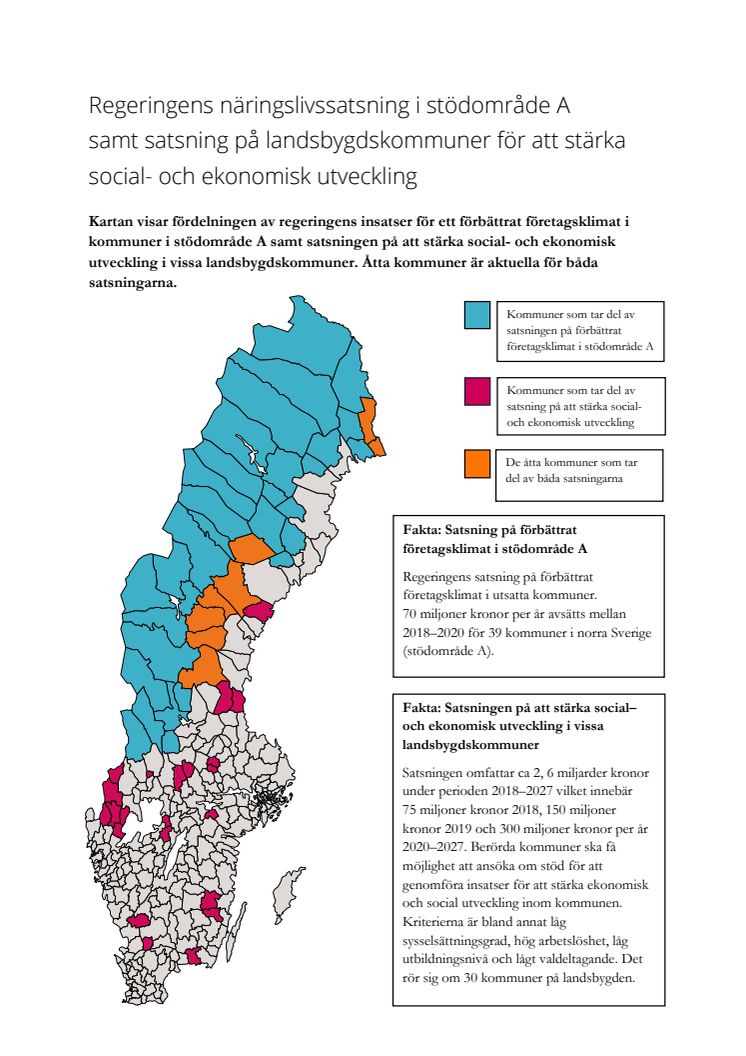 Karta  - fördelning av insatser som stärker socioekonomiskt eftersatta kommuner och områden 