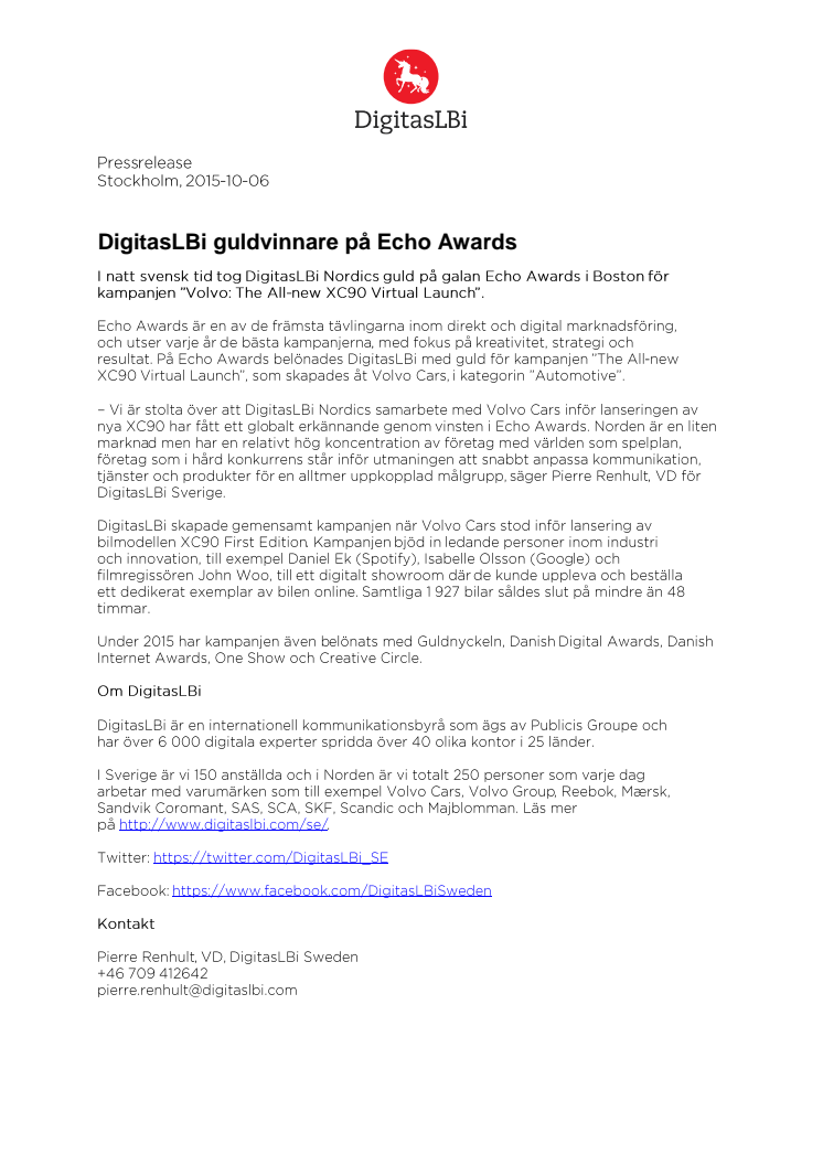 DigitasLBi guldvinnare på Echo Awards