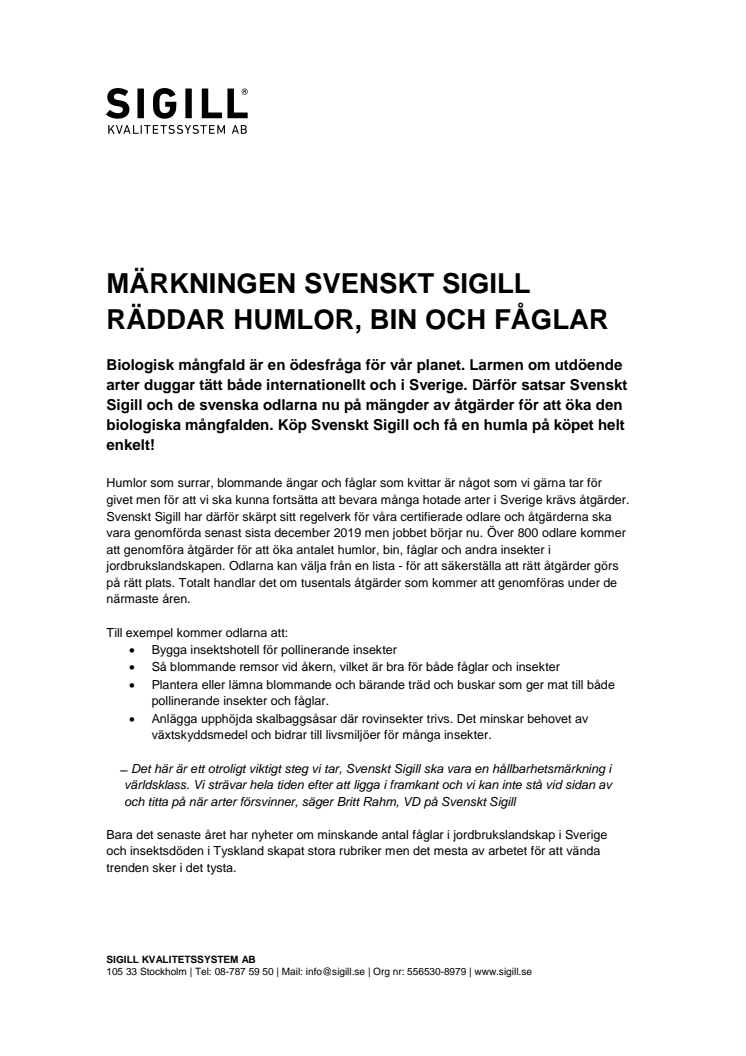 Svenskt Sigill räddar humlor, bin och fåglar
