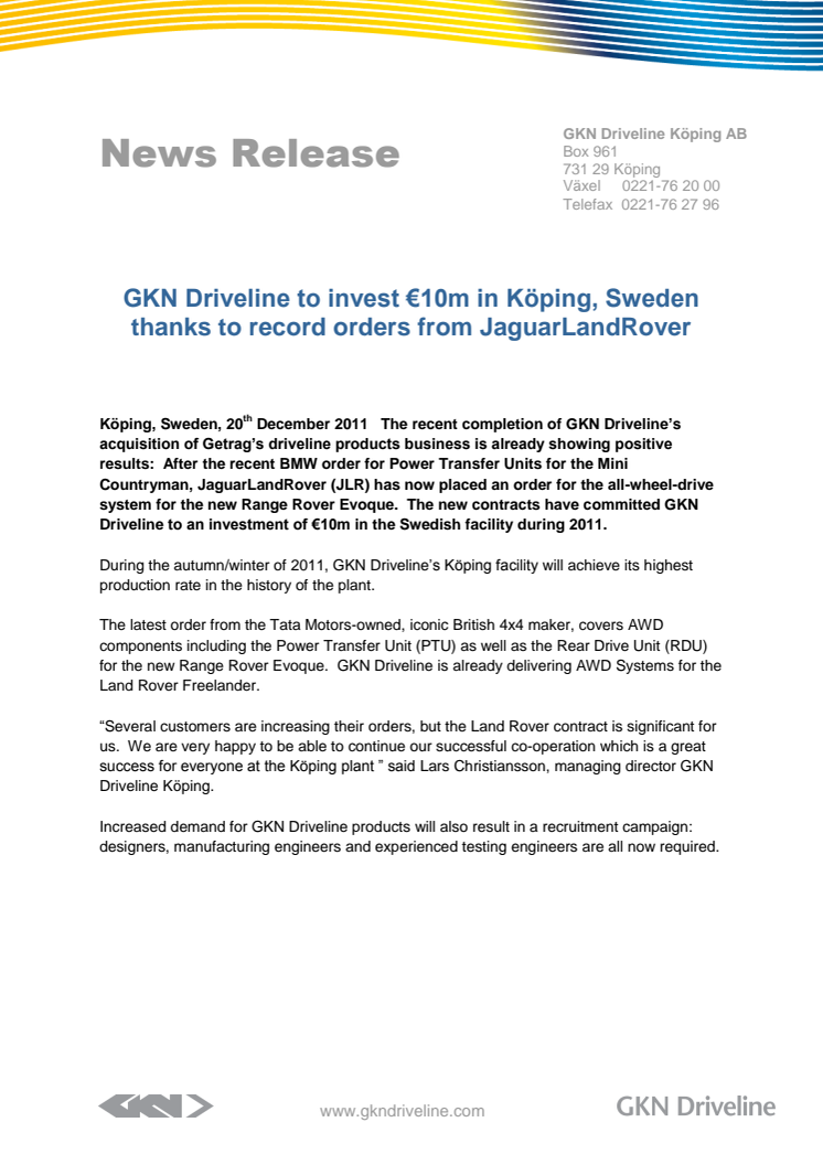 GKN Driveline to invest €10m in Köping, Sweden