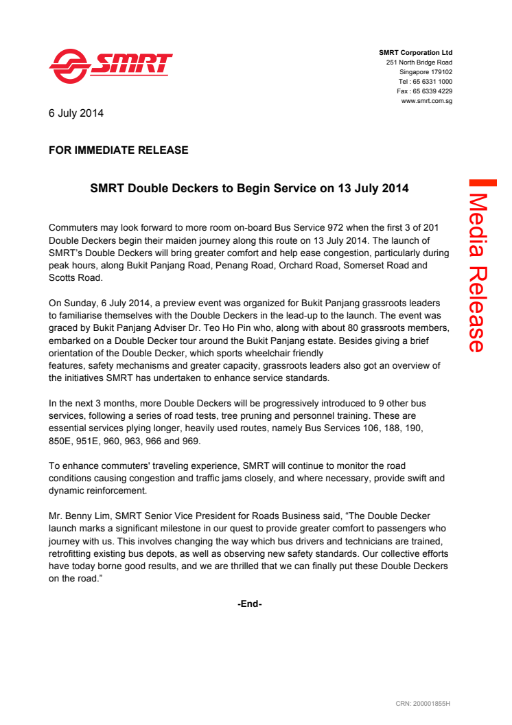 SMRT Double Deckers to Begin Service on 13 July 2014