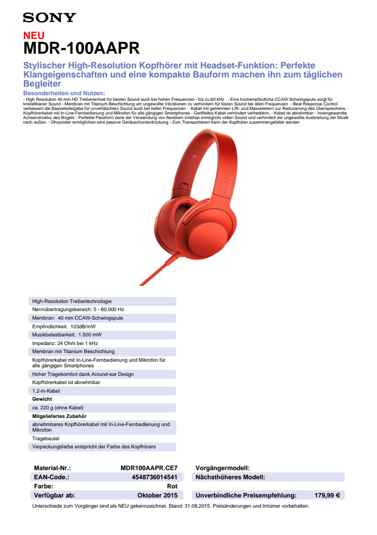 Datenblatt h.ear on von Sony_rot