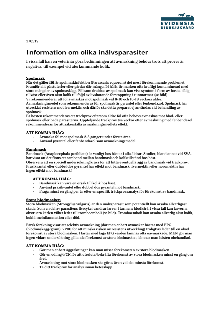 Information om olika inälvsparasiter