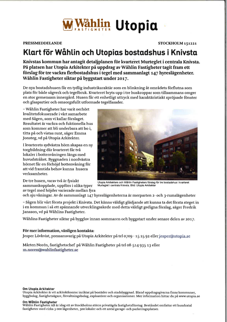 Klart för Wåhlin och Utopias bostadshus i Knivsta