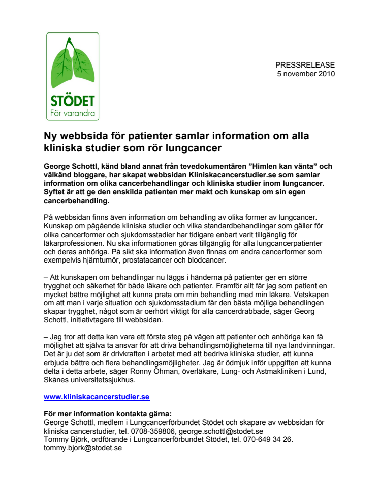 Nu finns information om kliniska cancerstudier och standardbehandling vid lungcancer tillgänglig för patienter