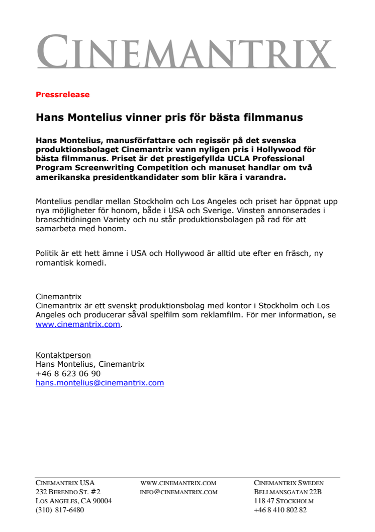 Hans Montelius vinner pris för bästa filmmanus