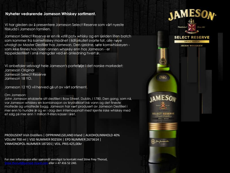 Nyheter vedrørende Jameson Whiskey sortiment.